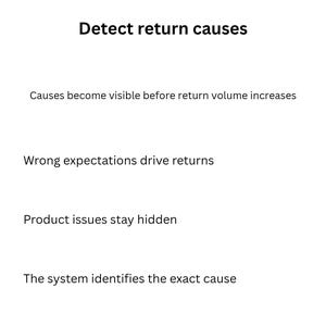 May include: White graphic with the text "Detect return causes". The text is followed by bullet points: "Causes become visible before return volume increases", "Wrong expectations drive returns", "Product issues stay hidden", and "The system identifies the exact cause".