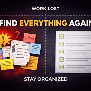 Könnte beinhalten: Ein Bild mit dem Text „WORK LOST“ und „FIND EVERYTHING AGAIN“. Das Bild ist in zwei Abschnitte unterteilt. Die linke Seite zeigt verstreute Haftnotizen und eine Checkliste. Die rechte Seite zeigt eine Checkliste mit grünen Häkchen. Der Text „STAY ORGANIZED“ steht unten.