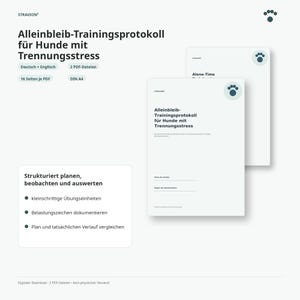Könnte beinhalten: Ein digitales Trainingsprotokoll für Hunde mit Trennungsstress, bestehend aus zwei weißen A4-PDF-Dokumenten mit dunklem Text und Pfotenabdruck-Logo. Die Seiten enthalten Felder zur Dokumentation von Übungseinheiten und Belastungszeichen.
