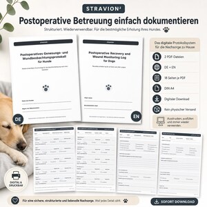 Könnte beinhalten: Ein digitales postoperatives Genesungs- und Wundbeobachtungsprotokoll für Hunde von Stravion. Enthält zwei druckbare PDF-Dateien im DIN A4-Format mit je 18 Seiten zur Dokumentation von Medikamentengabe und Wundpflege. Zur Verwendung zu Hause.