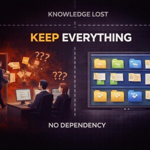 Könnte beinhalten: Eine Illustration, die den Kontrast zwischen Wissensverlust und dem Behalten von allem zeigt. Eine Person verlässt das Bild mit Kisten, während andere an Computern arbeiten. Text lautet "Knowledge Lost" und "Keep Everything", mit "No Dependency" unten.