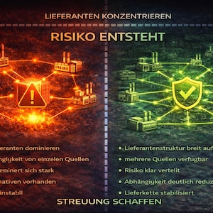 May include: Infographic comparing supply chain risks and diversification. The left side, in orange, shows concentrated suppliers with an exclamation point warning. The right side, in green, shows diversified suppliers with a shield and checkmark. Text in German.
