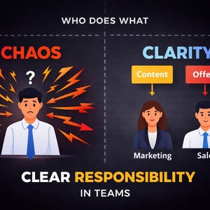 Puede incluir: Una infografía que ilustra las responsabilidades del equipo. El lado izquierdo muestra "Caos" con una persona estresada. El lado derecho muestra "Claridad" con "Contenido" y "Ofertas" y dos personas etiquetadas como "Marketing" y "Ventas". El texto dice "Responsabilidad clara en los equipos."