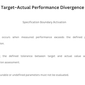 Könnte beinhalten: Ein weißes Dokument mit der Überschrift "Target-Actual Performance Divergence" und dem Untertitel "Specification Boundary Activation". Der Text erklärt Abweichung, Toleranz und Parameterbewertung.