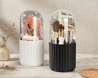 Rotating Makeup Brush Holder Organizer with Lid, PC Vanity Storage Box