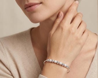 Sterling Silver Bead Ball Bangle Bracelet | Adjustable Minimalist Cuff Jewelry