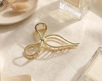 Metal Bow Hair Claw Clip | Ribbon Hair Grip | Gold Hair Claw | Large Hair Clip for Women | Minimal Modern Wedding Hair Accessory