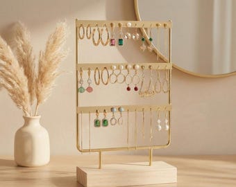 Modern Earring Display Stand | Minimalist Jewelry Organizer, Wood Base, Black Gold