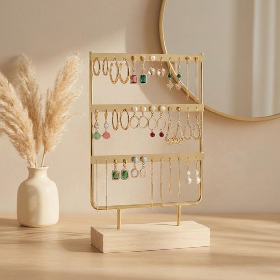 Modern Earring Display Stand | Minimalist Jewelry Organizer, Wood Base, Black Gold