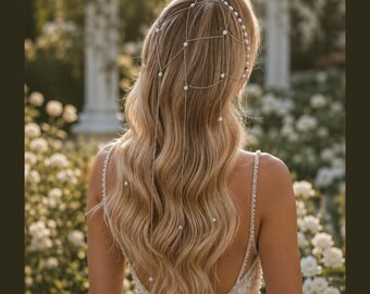 Bridal Pearl Hair Chain | Vintage Silver Pearl Headpiece | Wedding Hair Veil | Boho Tassel Hair Jewelry | Bridal Hair Piece