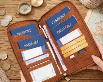 Leather Passport Holder, RFID Blocking Travel Wallet, Zipper Case