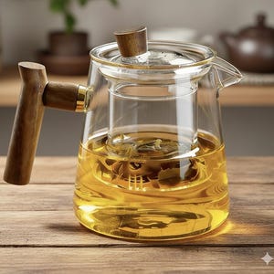 May include: A clear glass teapot with a wooden handle and lid. The teapot is filled with a golden-colored liquid, likely tea, and has a built-in infuser. The handle and lid knob are made of light-colored wood.