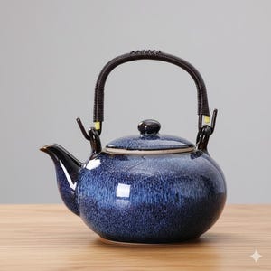 Peut inclure: Une théière en céramique bleue avec une anse tressée et un couvercle assorti. La théière a un glaçage tacheté et un bec verseur incurvé. La poignée est marron foncé et le couvercle a un petit bouton rond.