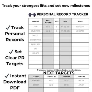 Può includere: Un tracker di record personali PDF stampabile bianco con carattere nero. Il tracker include sezioni per esercizi, peso migliore, ripetizioni, data e note. Presenta anche una sezione per i prossimi obiettivi.