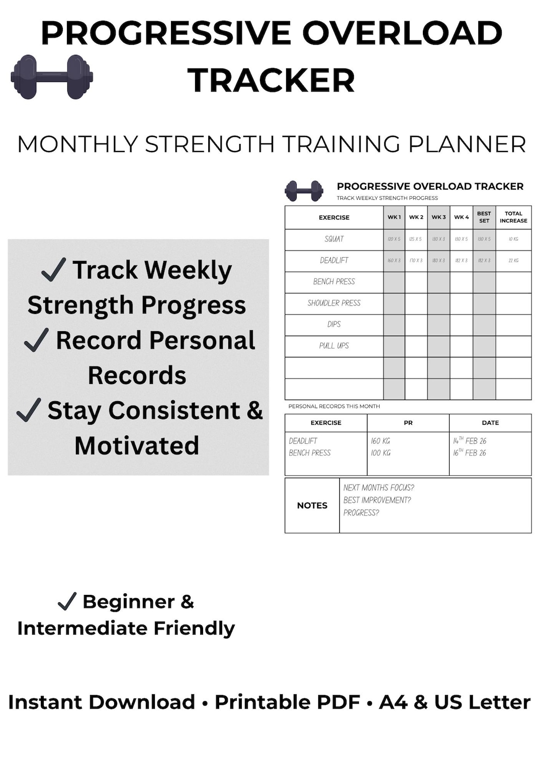 Progressive Overload Tracker Printable | Monthly Strength Training Planner (PDF A4/US Letter ...