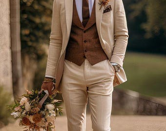 Bespoke Beige Three-Piece Suit – Slim Fit Wedding Attire, Groom Prom Suit
