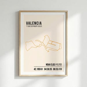 May include: Framed print with the word "VALENCIA" and the date "7 DECEMBER 2025" in black. A gold-coloured line drawing of a city map is below. The print also includes the text "NOVA ELISE #15783" and race statistics: 42.195KM, 04:36:35, and 06:33/KM.