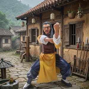 May include: A figurine of a martial artist in a fighting stance, wearing a yellow and brown outfit with blue pants. The figure is set against a backdrop of traditional Asian architecture, with stone pathways and wooden structures.