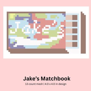 Könnte beinhalten: Digitales Kreuzstichmuster mit dem Titel "Jake's Matchbook". Das Design zeigt eine pixelige Streichholzschachtel mit dem Namen "Jake's" in Weiß. Das Design ist 10,16 x 10,16 cm groß und ein digitaler Download.