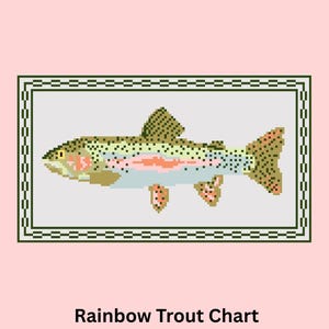 Puede incluir: Gráfico digital de punto de cruz con un diseño pixelado de trucha arcoíris. El gráfico incluye el texto "Needlepoint Stitch Chart" y "DIGIAL DOWNLOAD" en la parte superior, y "Rainbow Trout Chart" en la parte inferior. El diseño mide 25,4 x 15,2 cm.