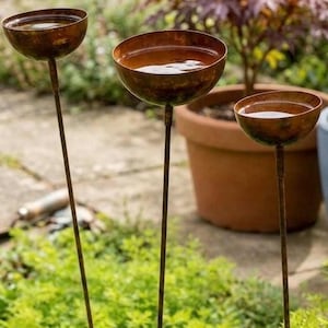 May include: Three rustic, metal bird baths with a weathered, brown finish are placed in a garden setting. Each bird bath has a shallow, bowl-shaped basin atop a slender, vertical rod. The garden features lush green foliage and potted plants.