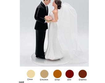 Custom Bride and Groom Wedding Cake Topper, Custom Bride hairstyle, Dress style,Hair color, suit color,skin Classic Romantic Cake Decoration