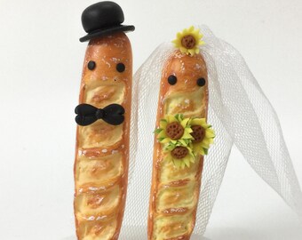 Baguette Wedding Cake Topper, Pastry Chef wedding theme, Bread bride & groom figurine, sunflower wedding, fall autumn theme derby bowler hat