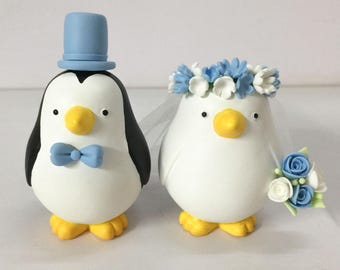 Penguin wedding cake topper, Penguin bride & groom topper, Rustic Bohemian Boho Spring wedding theme, floral crown