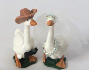 Goose wedding cake topper in cowboy theme, western farm rustic wedding theme, unique bride groom barn couple
