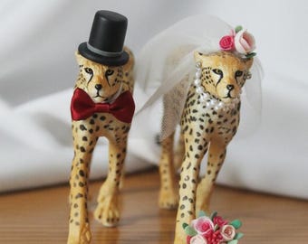 Cheetah Wedding Cake Topper, Cheetah Bride Groom Figurine, Birthday Cake Topper, Wildlife Safari Animal Unique Africa Wedding Theme