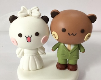 Cute Bear wedding cake topper, Comic Commission Collectible, White bear & Brown Bear party decoration
