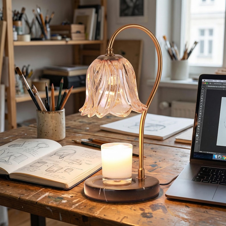 May include: A decorative table lamp with a flower-shaped shade in soft pink. The lamp has a gold-colored curved stem and sits on a dark, round base. A lit candle in a glass holder is on the base. A laptop and open sketchbook are nearby.