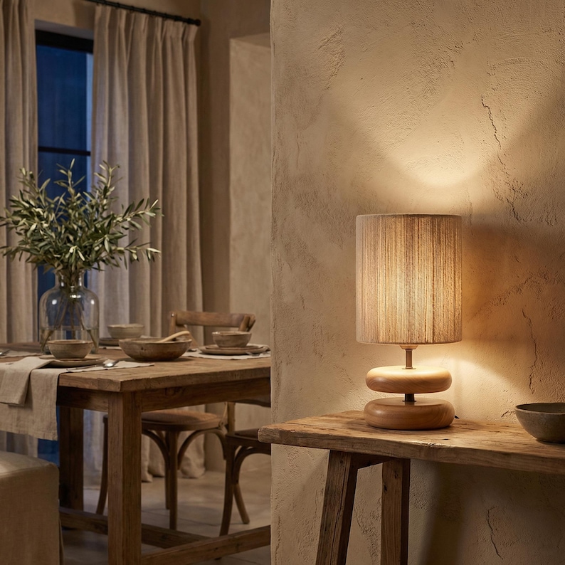 May include: A wooden table lamp with a cylindrical shade and a stacked base. The lamp sits on a rustic wooden console table. The room features a dining table, chairs, and a vase of greenery, all in warm, neutral tones.