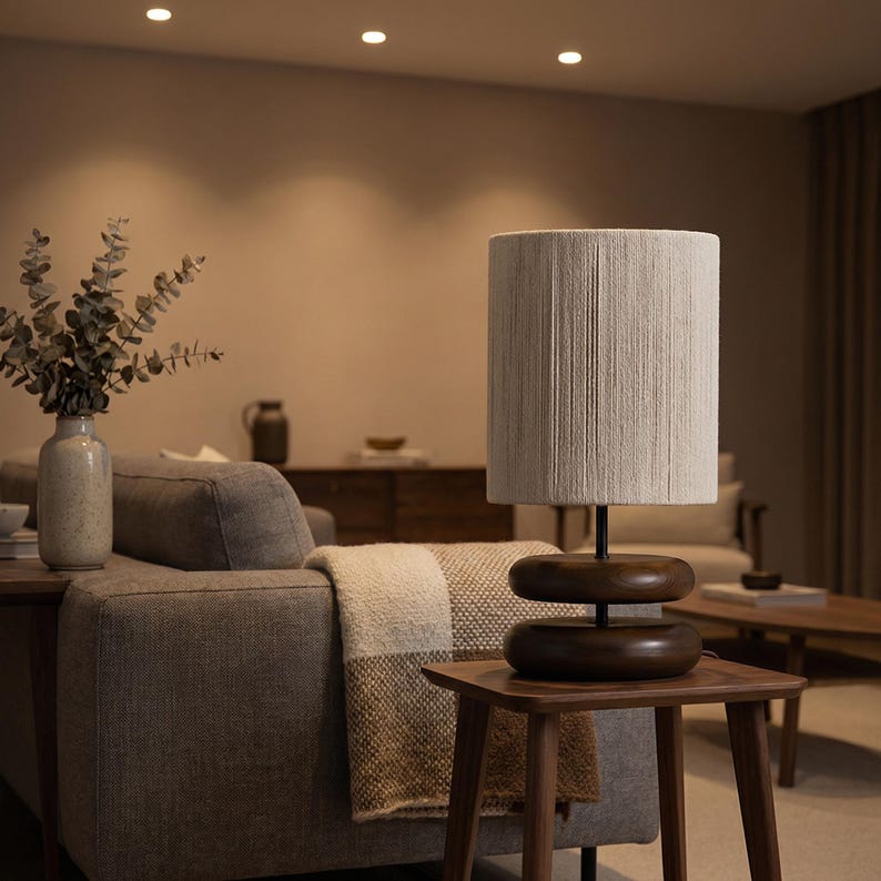 May include: A modern table lamp with a cylindrical beige fabric shade and a dark wood base. The lamp sits on a small wooden side table. The background shows a gray sofa, a vase with greenery, and a neutral-toned living room.