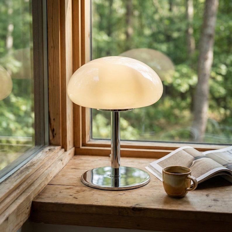 May include: A mushroom-shaped table lamp with a chrome base and stem, topped with an off-white glass shade. The lamp sits on a wooden windowsill next to a coffee mug and an open book, with a forest visible through the window.