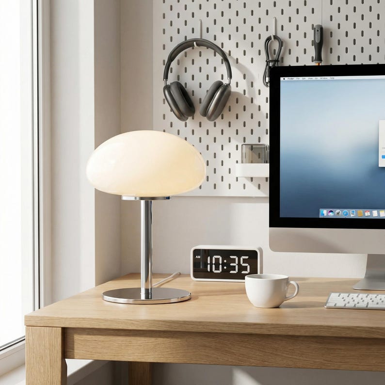 May include: A modern desk setup featuring a white mushroom-shaped table lamp with a chrome base, a digital clock displaying 10:35 AM, and a white coffee cup. A computer monitor, headphones, and a pegboard are in the background.