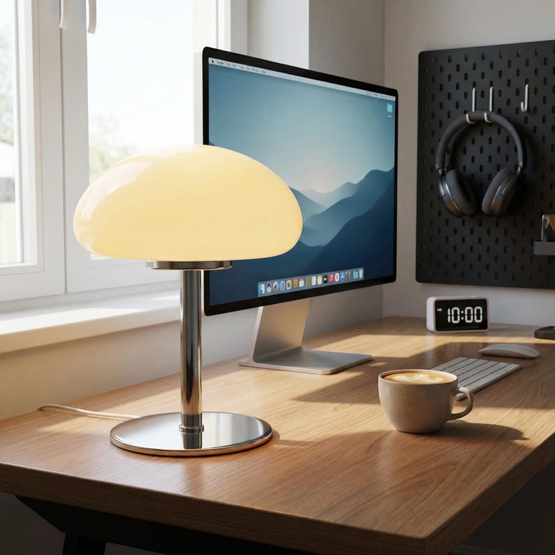 May include: A chrome desk lamp with a mushroom-shaped, cream-colored glass shade sits on a wooden desk. A computer monitor, headphones, and a coffee cup are also on the desk. The time on the digital clock reads 10:00.