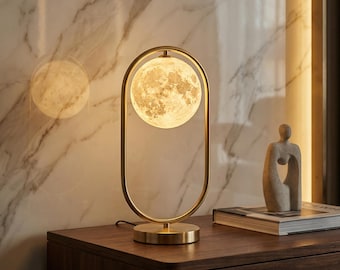Lampe de table 3D Moon, cadre ovale doré, lampe de bureau lunaire nordique, 3 modes de couleur