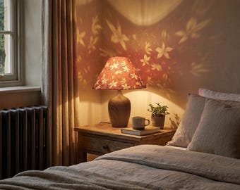 Lampe de table rétro en tissu floral, lampe de chevet nordique avec base en bois