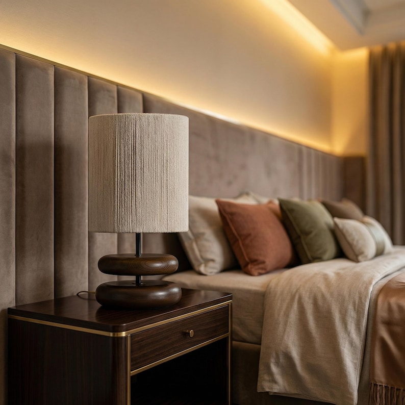 May include: A bedroom scene featuring a dark wood nightstand with a lamp and a bed with pillows. The lamp has a beige fabric shade and a dark wood base. The bed has a beige comforter and several pillows in shades of beige, orange, and green.