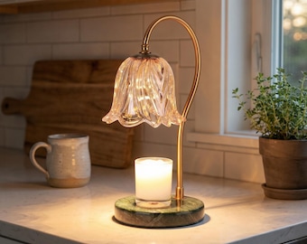 Vintage Marble Candle Warmer Lamp, Lily Glass Shade, Gold Frame, Aromatherapy Wax Melter