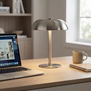 Puede incluir: Una l&aacute;mpara de escritorio de metal cepillado con una pantalla en forma de hongo y una base cil&iacute;ndrica. La l&aacute;mpara est&aacute; sobre un escritorio de madera junto a un port&aacute;til, una taza y un cuaderno.