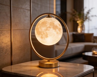 Lampe de table lune 3D, veilleuse lunaire avec anneau doré, lampe de chevet nordique