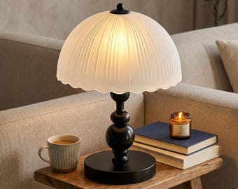 Lampe de table colonne romaine rétro américaine, bois de wabi sabi, abat-jour en verre français vintage