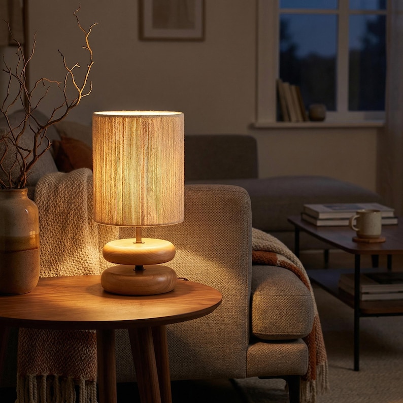 Wabi Sabi Walnut Table Lamp – Solid Wood Japanese Bedside Light, Minimalist Decor Light wood