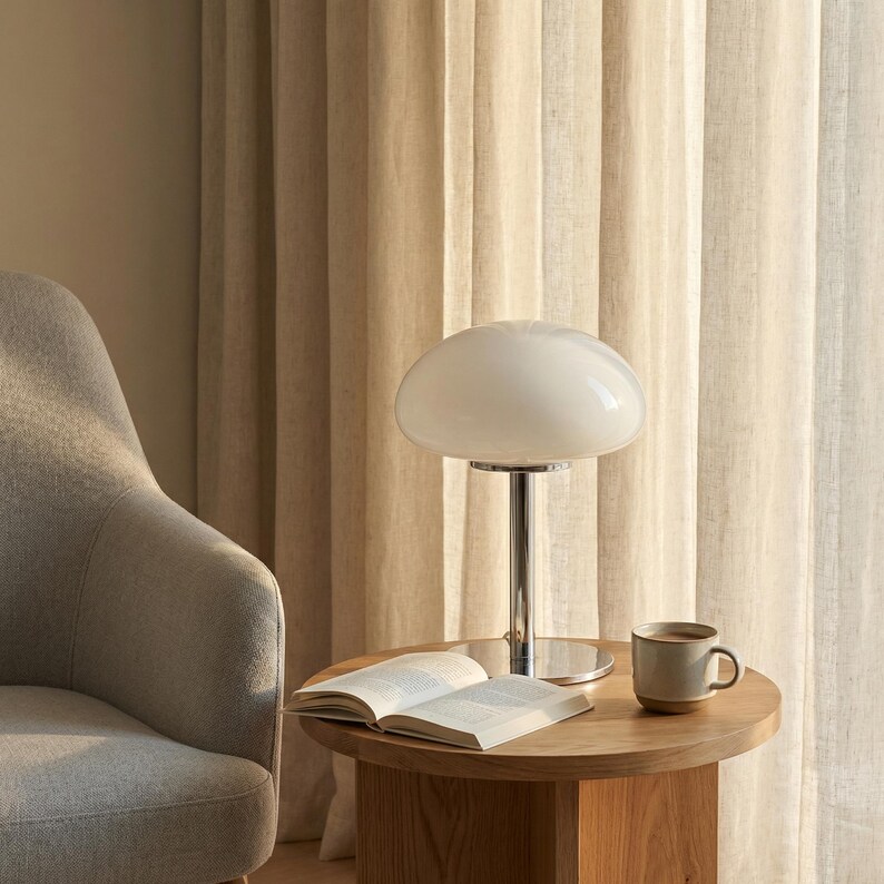 May include: A white mushroom-shaped table lamp with a chrome base sits on a round wooden side table. An open book and a mug of coffee are also on the table. A gray armchair is to the left, and beige curtains are in the background.