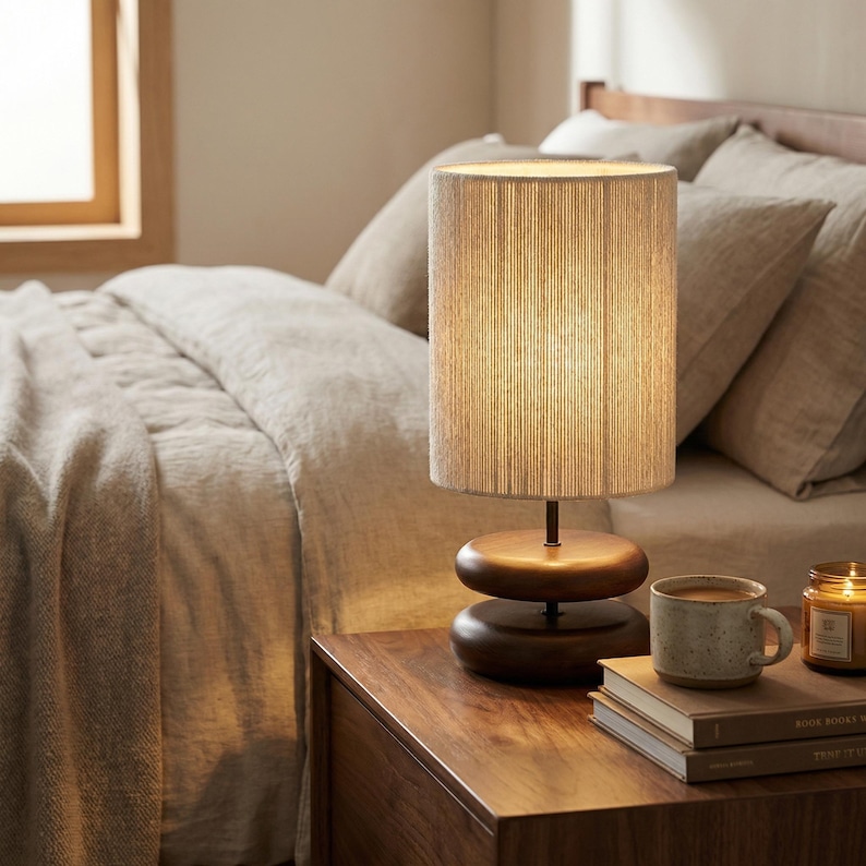 May include: A wooden bedside table with a lamp, books, and a mug. The lamp has a cylindrical shade and a dark brown base. A lit candle sits next to a mug of coffee and a stack of books. The bedding is a neutral color.