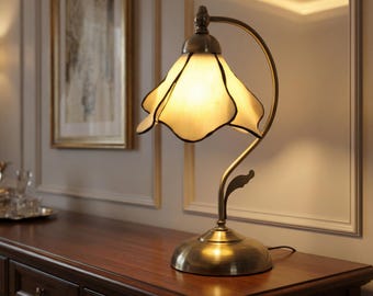Vintage Lotus Glas Tischlampe, Europäisches Retro Nachttisch Licht, Romantisches Messing Nachttisch Dekor