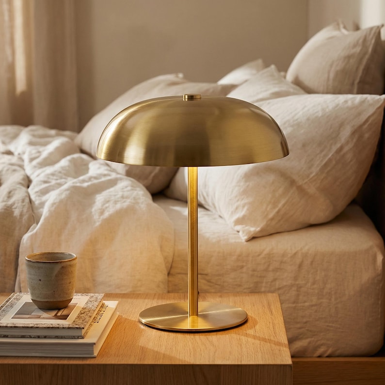 Puede incluir: Una l&aacute;mpara de mesa de metal dorado con una pantalla redondeada y una base cil&iacute;ndrica. La l&aacute;mpara est&aacute; sobre una mesita de noche de madera junto a una taza de cer&aacute;mica y libros. El fondo presenta una cama con ropa de cama blanca.