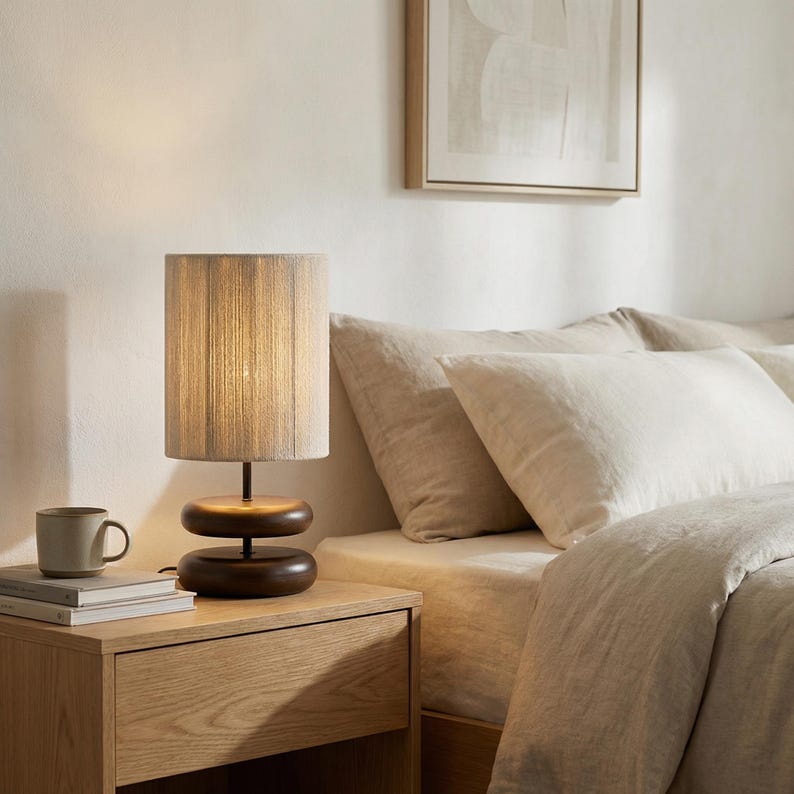 May include: A wooden bedside table with a lamp, mug, and books. The lamp has a cylindrical shade and a dark brown base. The mug is gray, and the books are stacked. The bed has white pillows and a beige comforter. A framed artwork hangs on the wall.